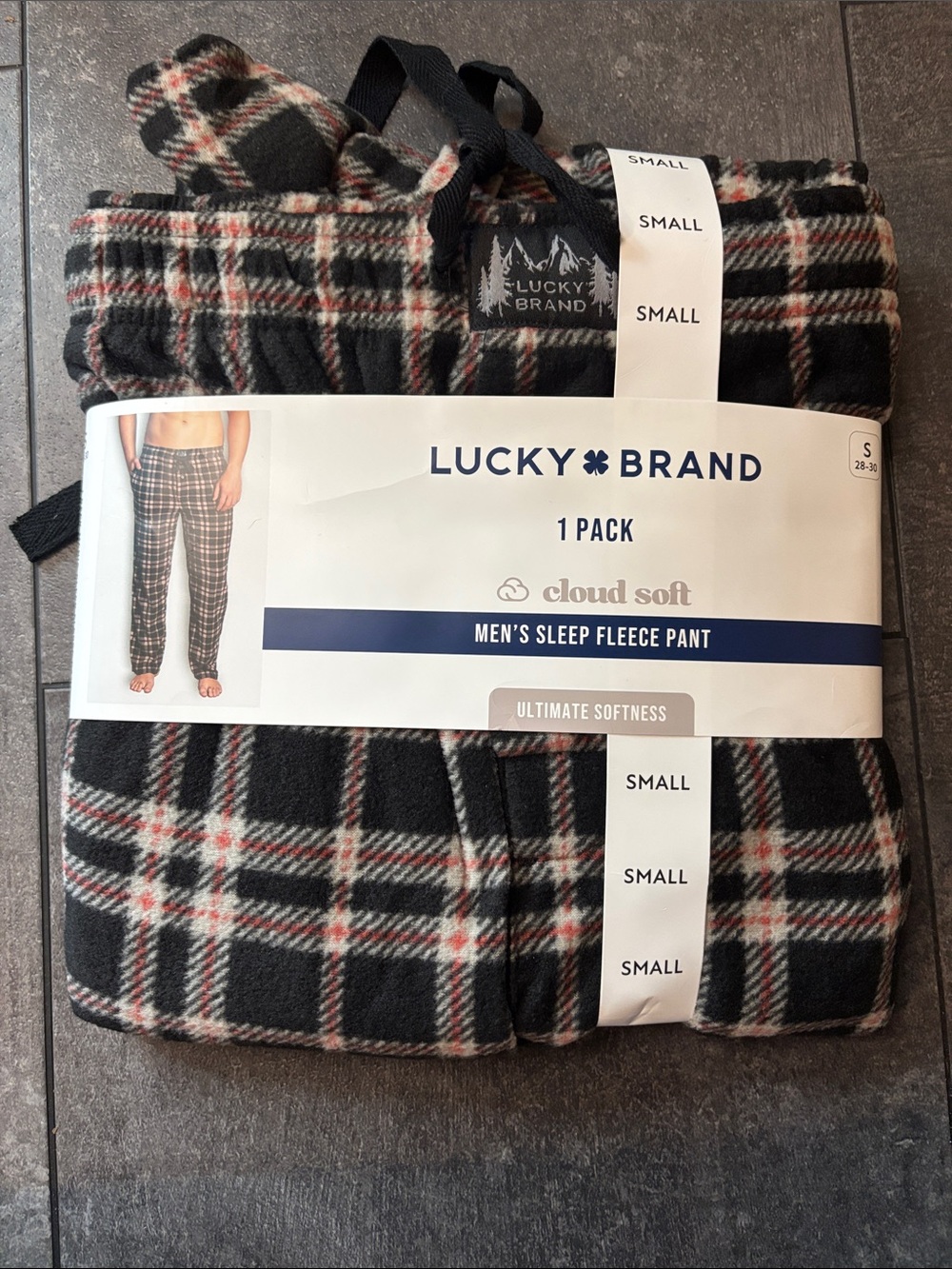 Lucky Brand Men’s Black & Gray Plaid Fleece Jogger Pants with Red Accents